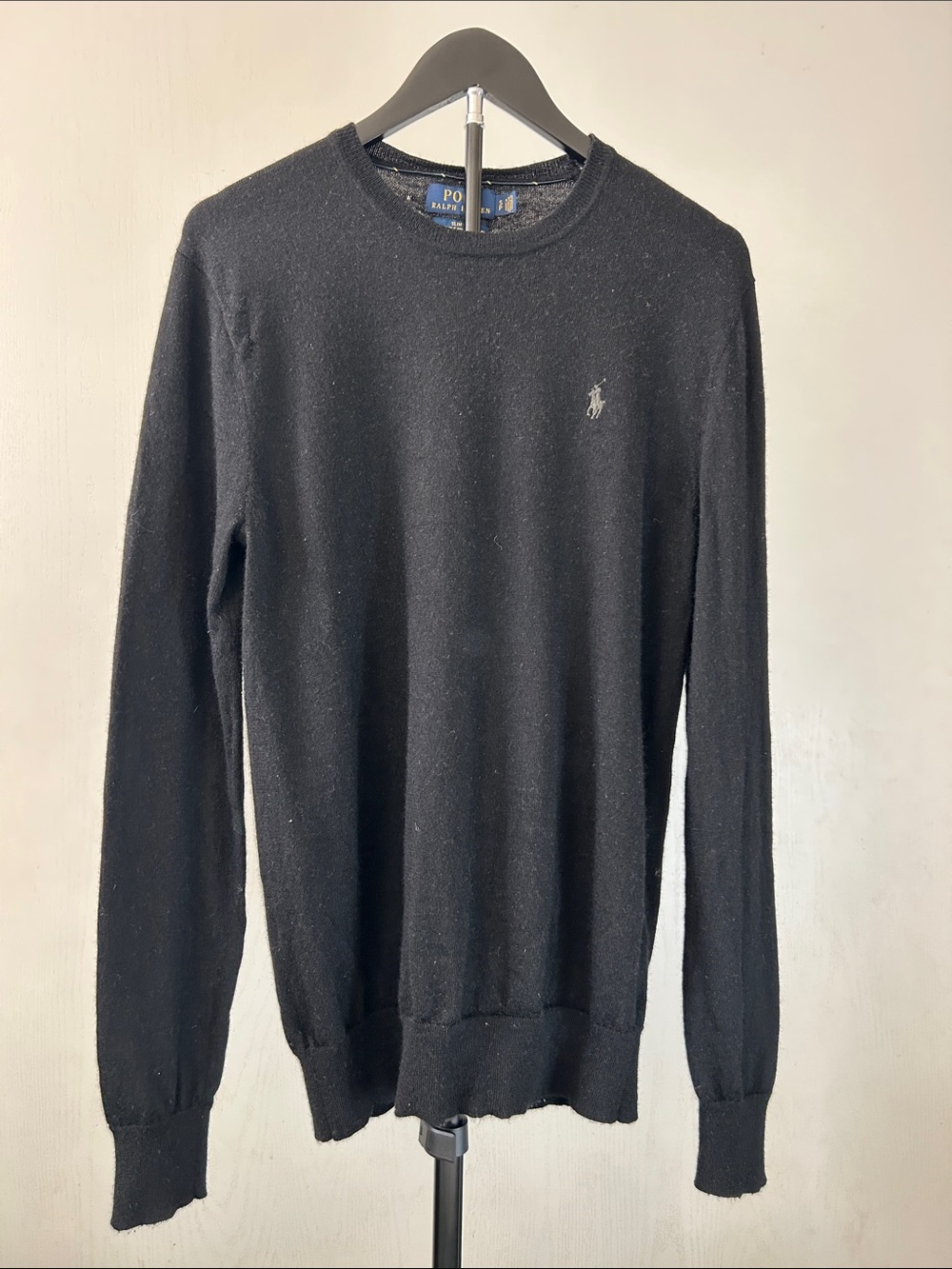 Polo by Ralph Lauren Men’s Black Washable Merino Wool Crewneck Old Money Preppy